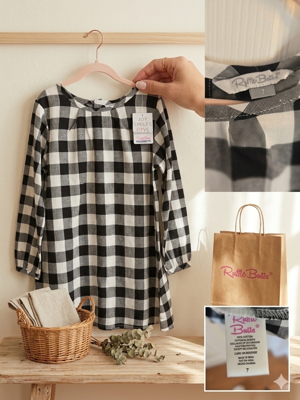 Ruffle Butts Black and White Buffalo Check Girls' Casual Dress